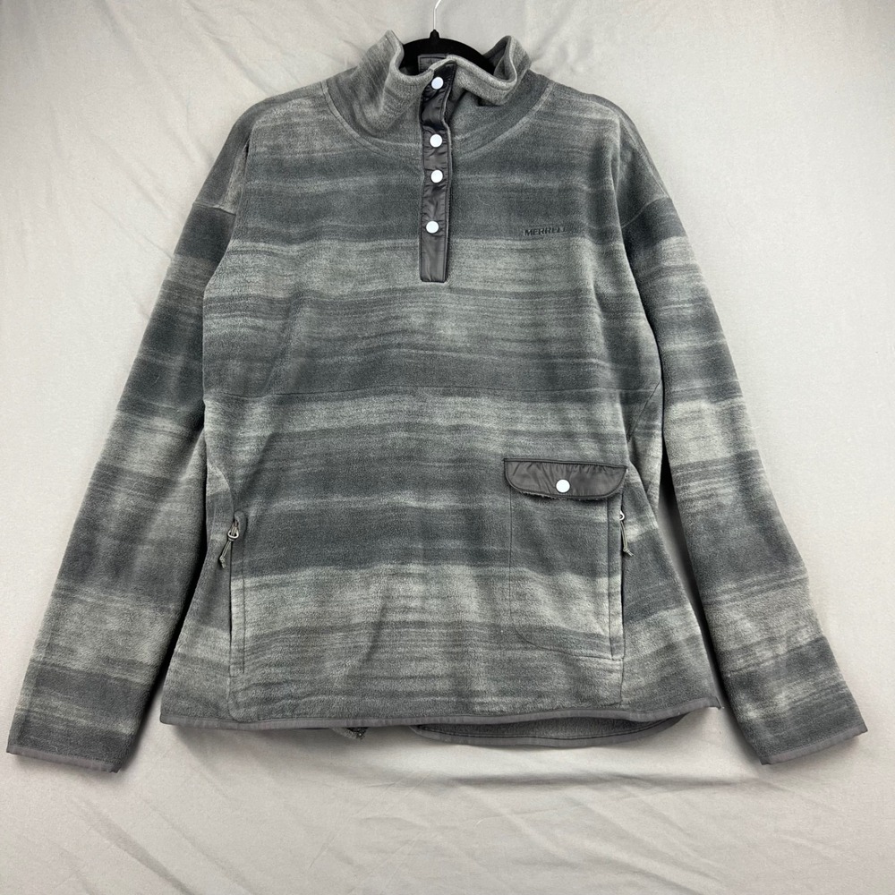 Merrell Fleece Pullover Women XL Snap Neck Striped Grey Hiking Jacket Good
